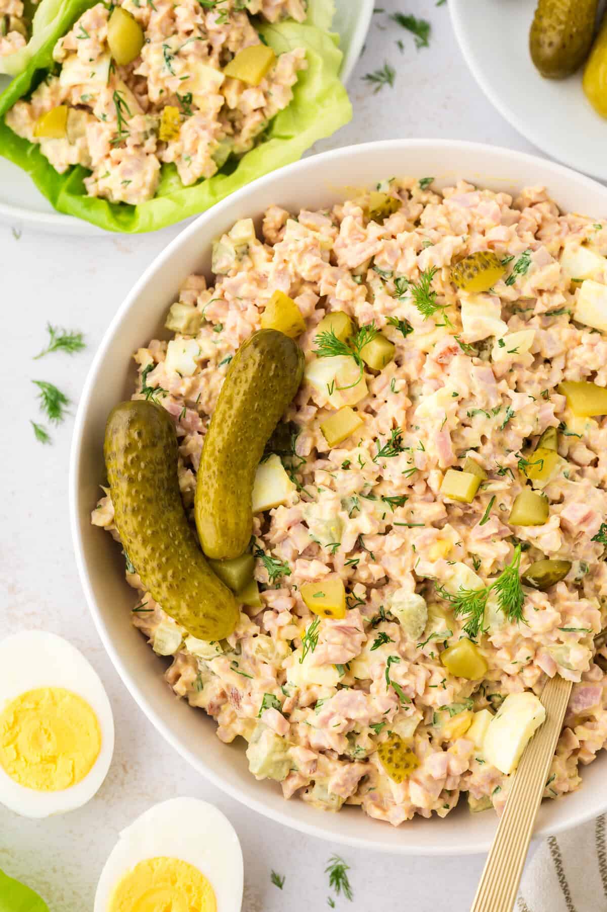 Dill pickle ham salad in bowl.