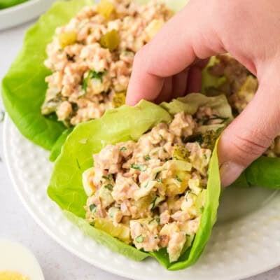 Hand holding a lettuce wrap filled with ham salad.