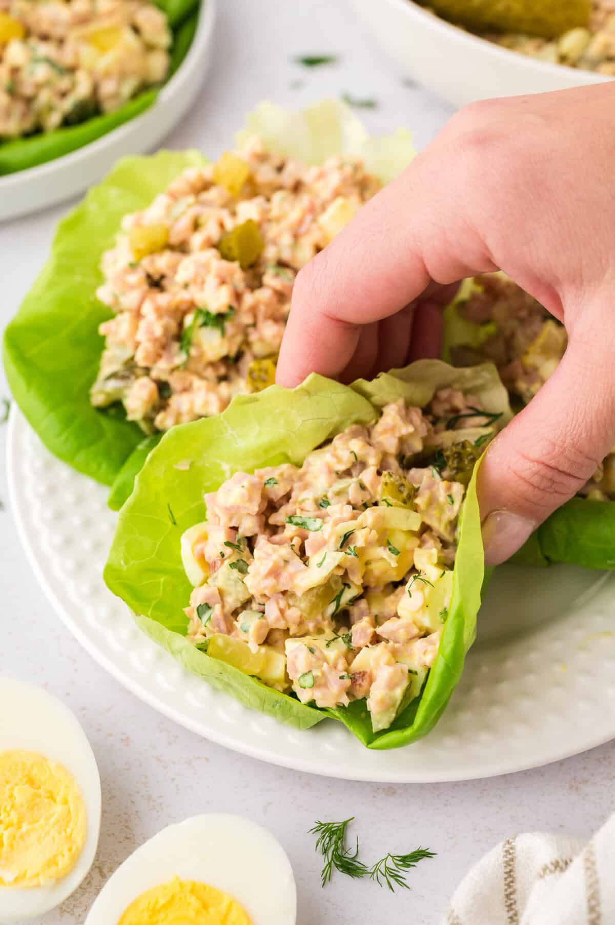 Hand holding a lettuce wrap filled with ham salad.