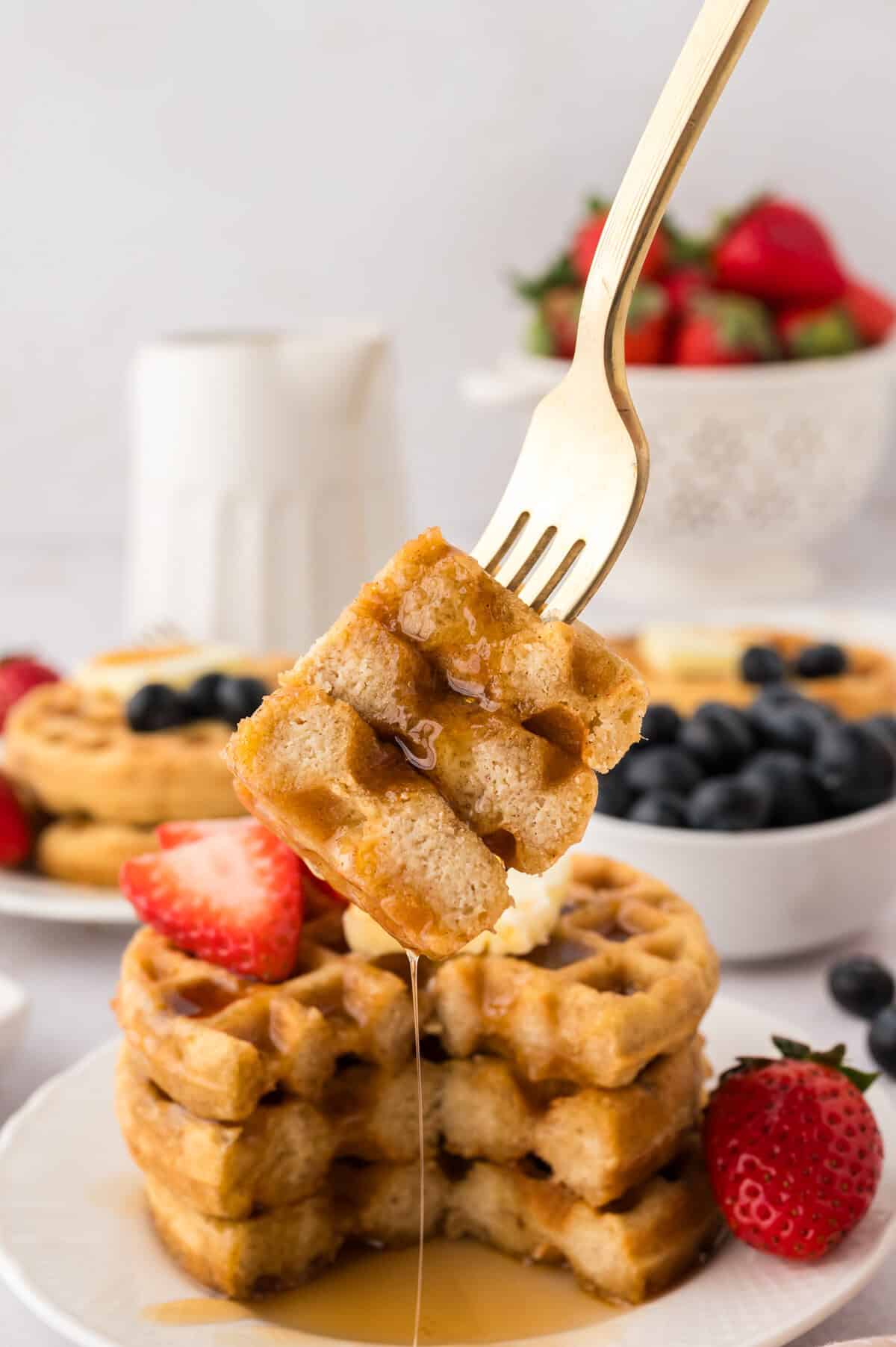 Forkful of keto waffles.