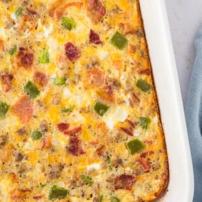 Baked low carb breakfast casserole in 9x13 baking dish.