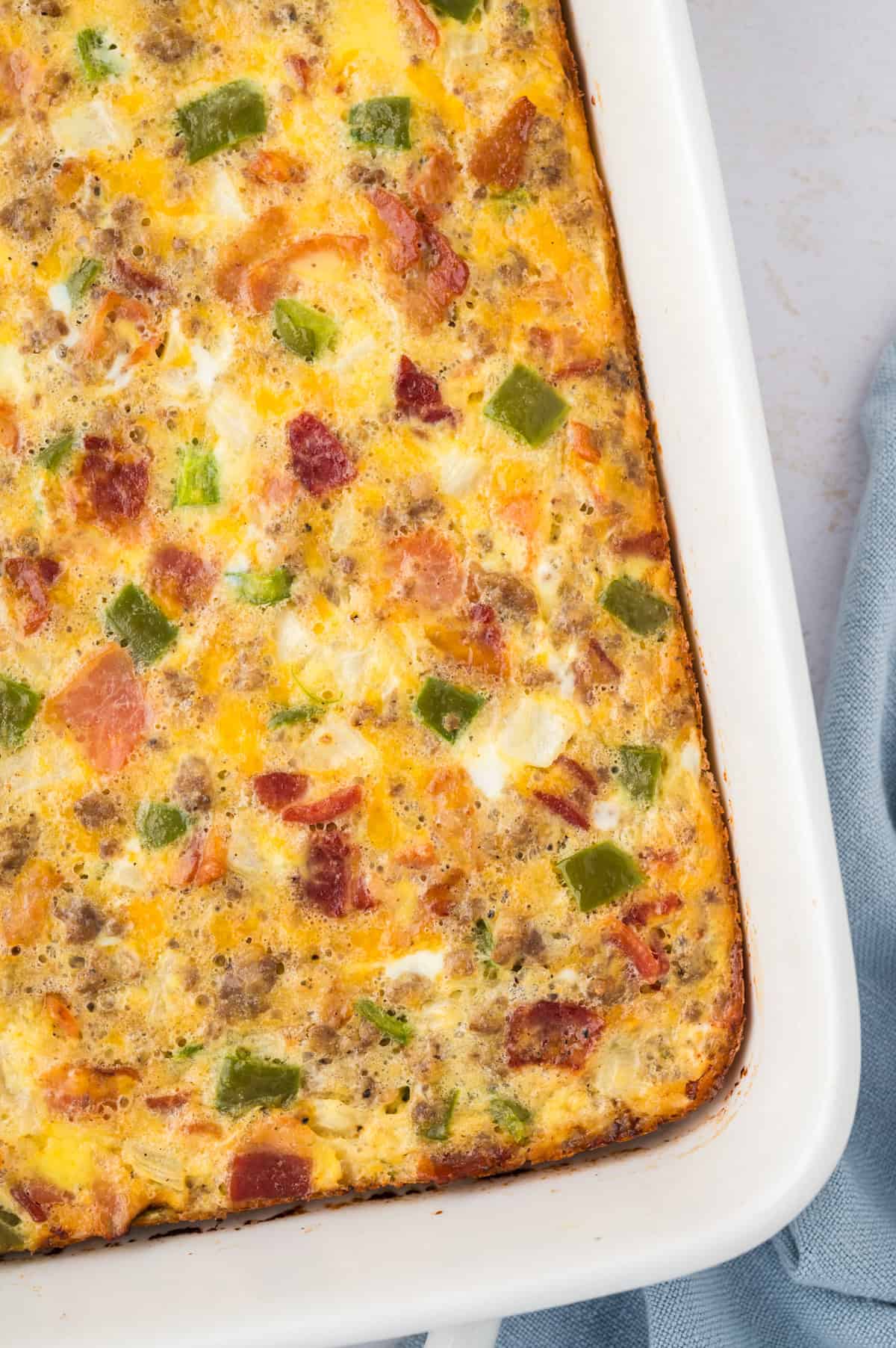 Baked low carb breakfast casserole in 9x13 baking dish.