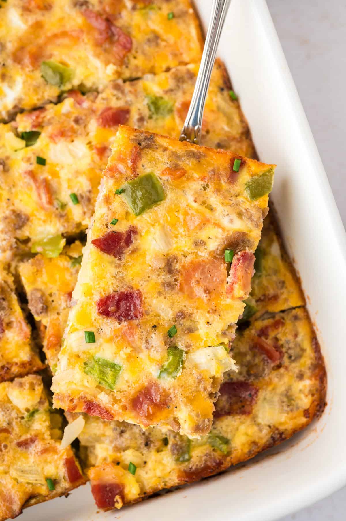 Keto breakfast casserole in white baking dish.