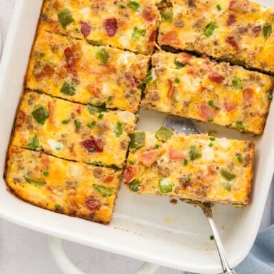 Keto breakfast casserole in white baking dish.