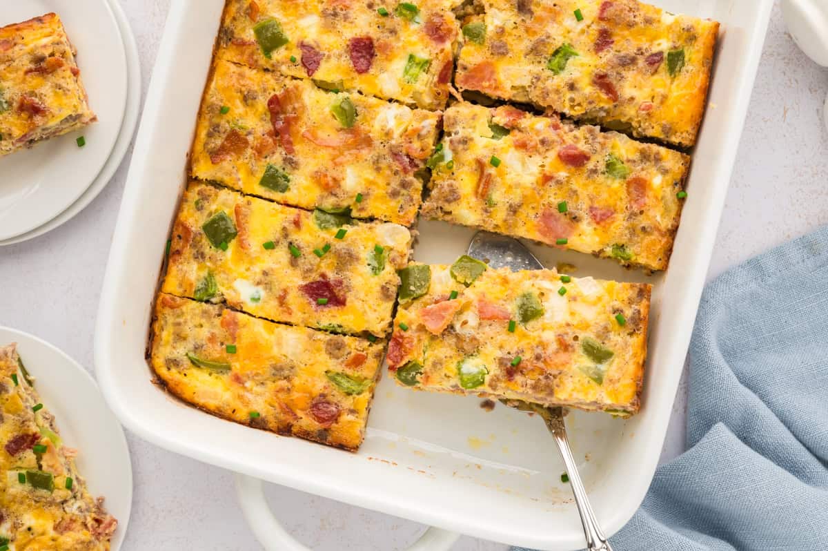 Keto breakfast casserole in white baking dish.
