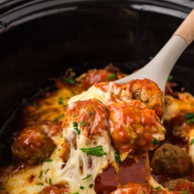 Low carb meatball casserole in slow cooker.