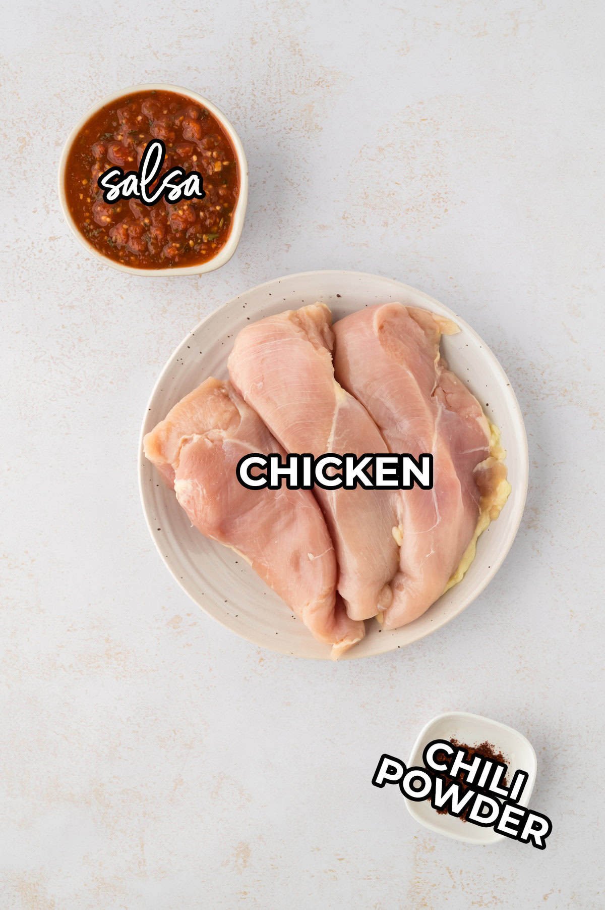 Ingredients for crockpot salsa chicken recipe.