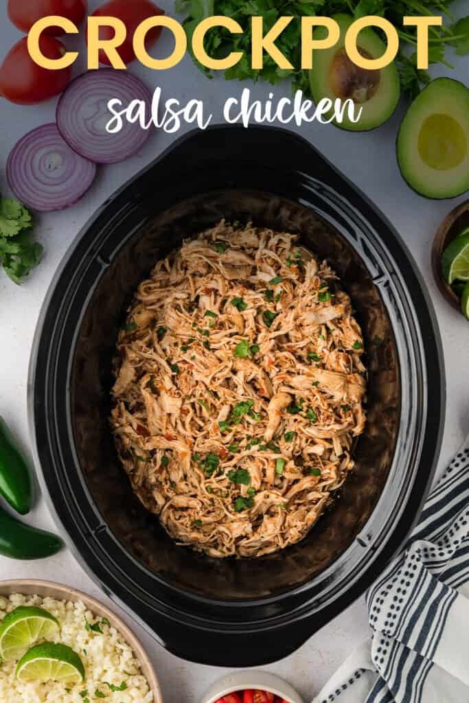 Crockpot full of shredded salsa chicken.