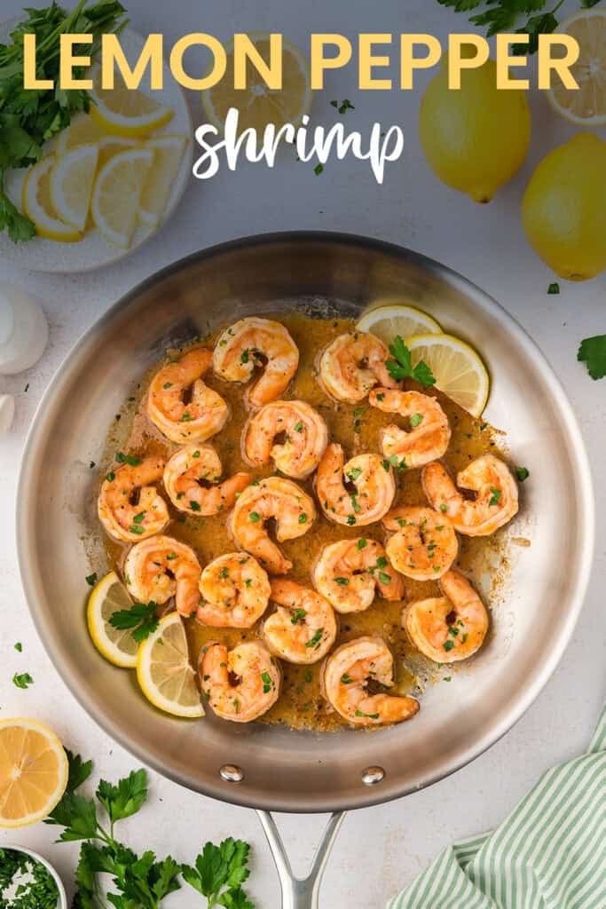 Keto lemon pepper shrimp in skillet.