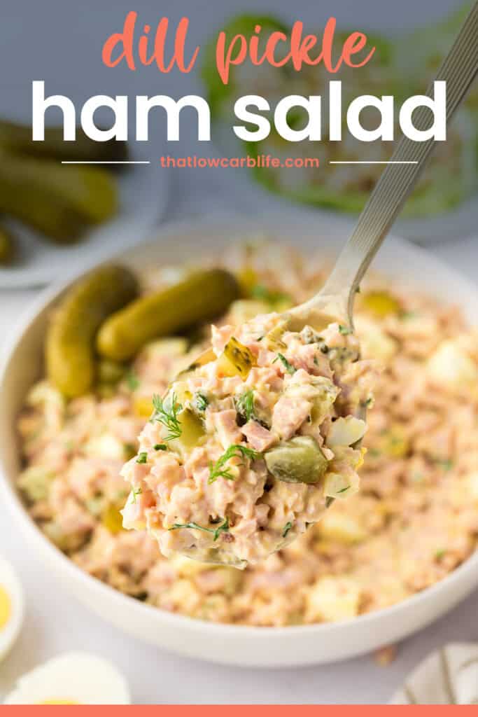 Dill pickle ham salad in a bowl on a spoon.