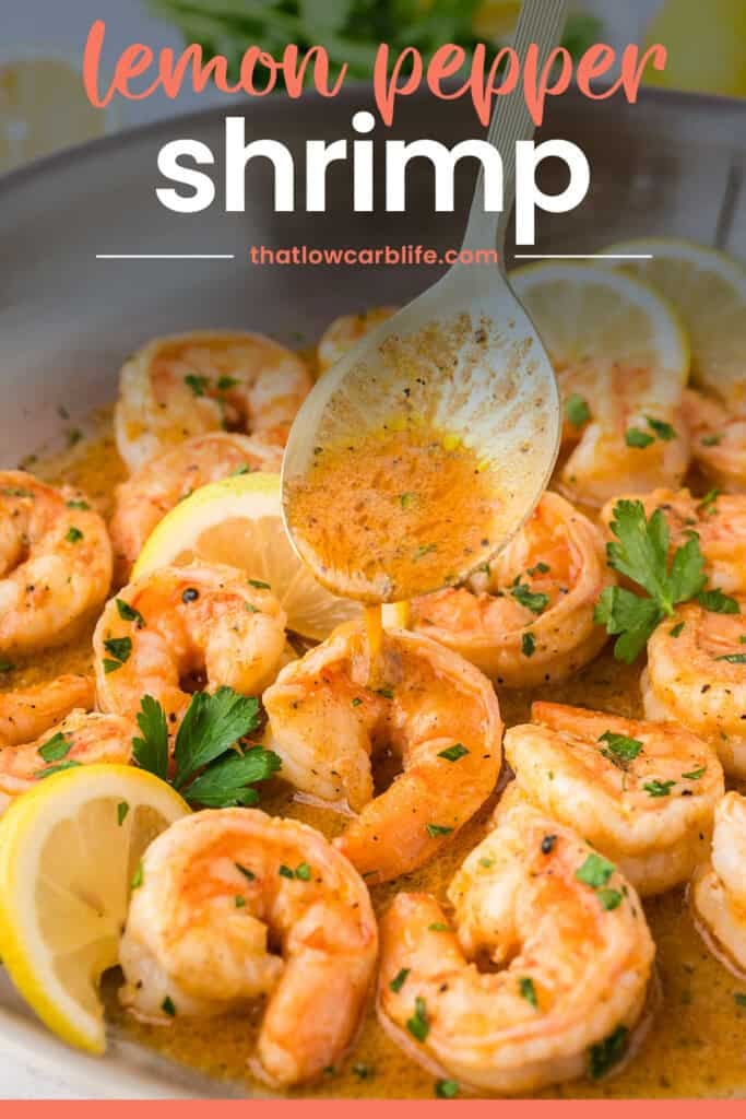 Spoon drizzling sauce over lemon pepper shrimp.