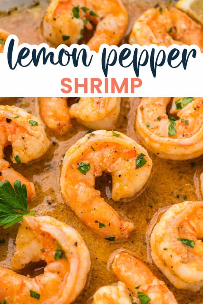 Shrimp cooked in lemon butter sauce in a skillet.