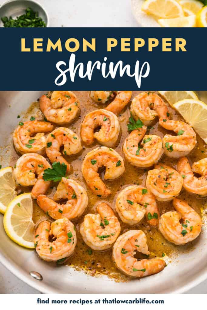 Lemon pepper shrimp in skillet.