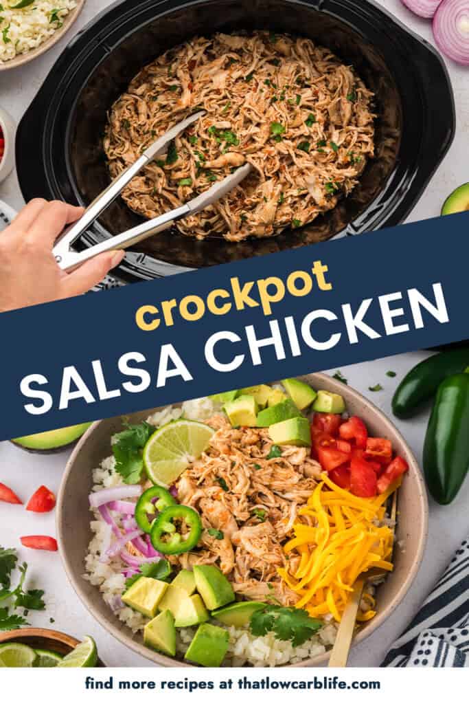 Collage of crockpot salsa chicken recipe images.