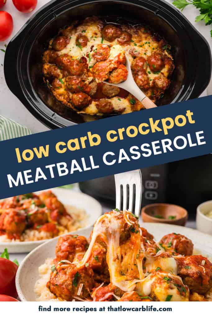 Collage of crockpot meatball casserole images.