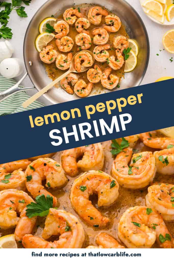 Collage of low carb lemon pepper shrimp images.
