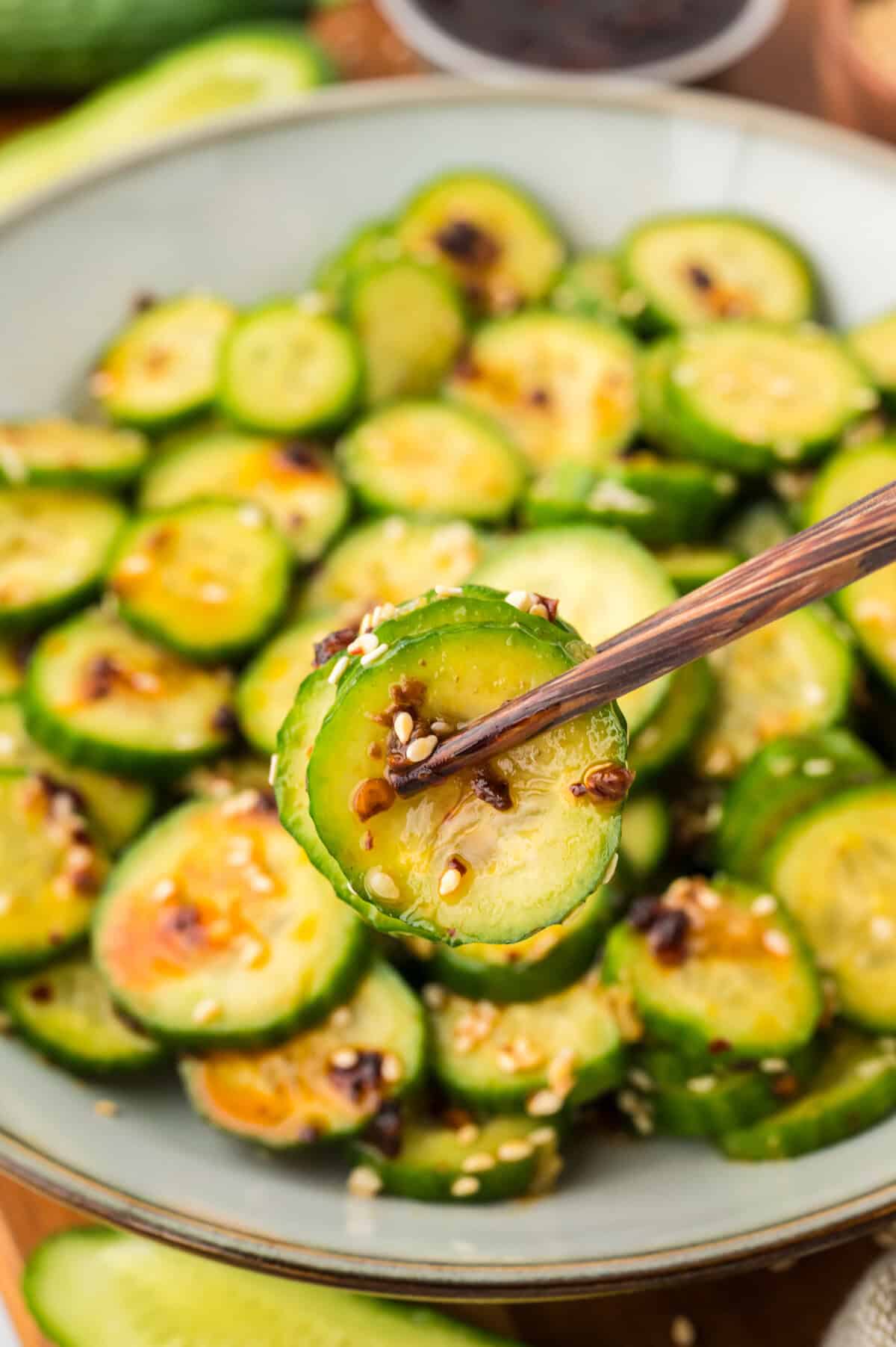 Low carb Asian cucumber salad in bowl.