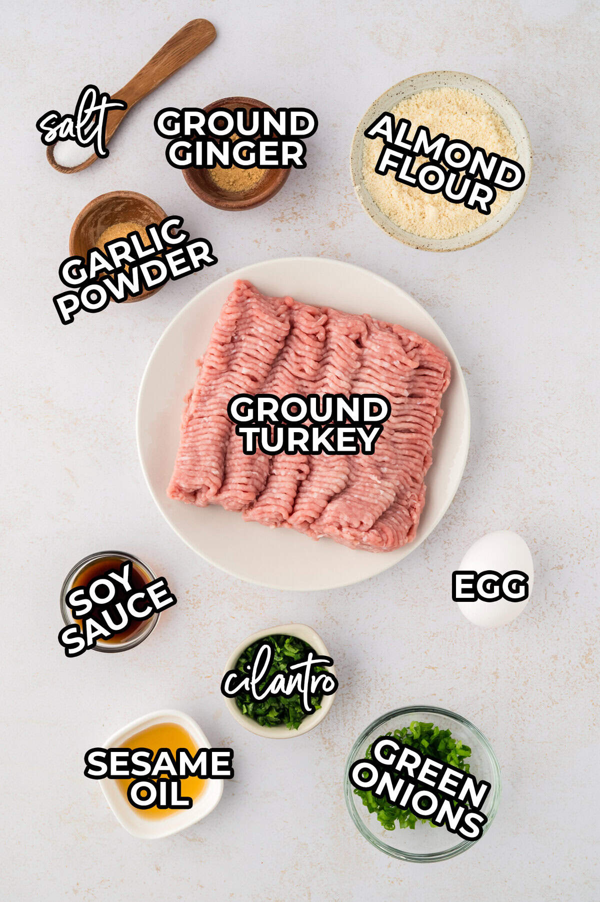 Ingredients for Asian keto turkey meatballs laid out on counter.