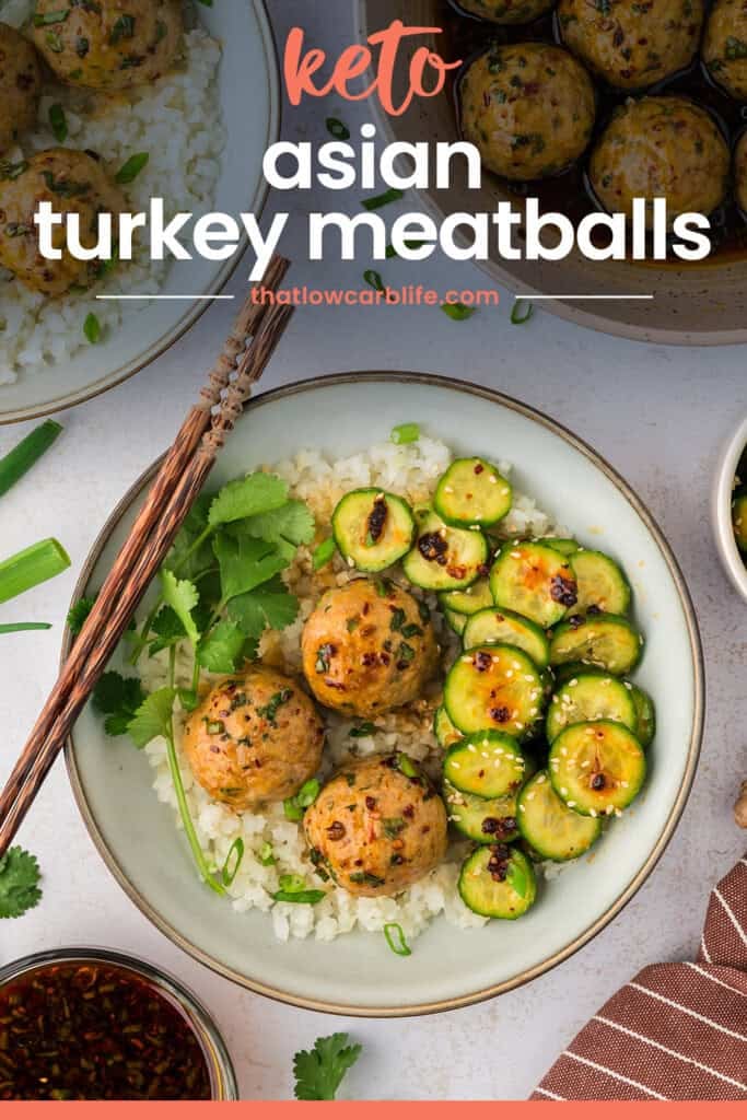 Asian turkey meatballs, cucumber salad, and cauliflower rice in bowl.
