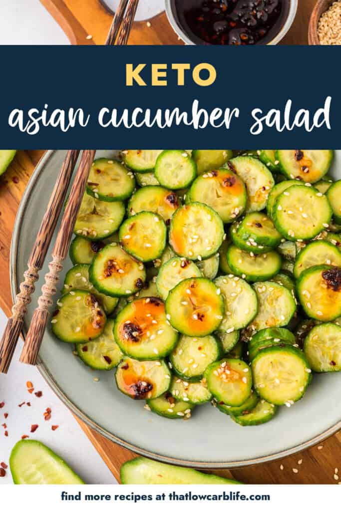 Keto Asian cucumber salad in white bowl with chopsticks.