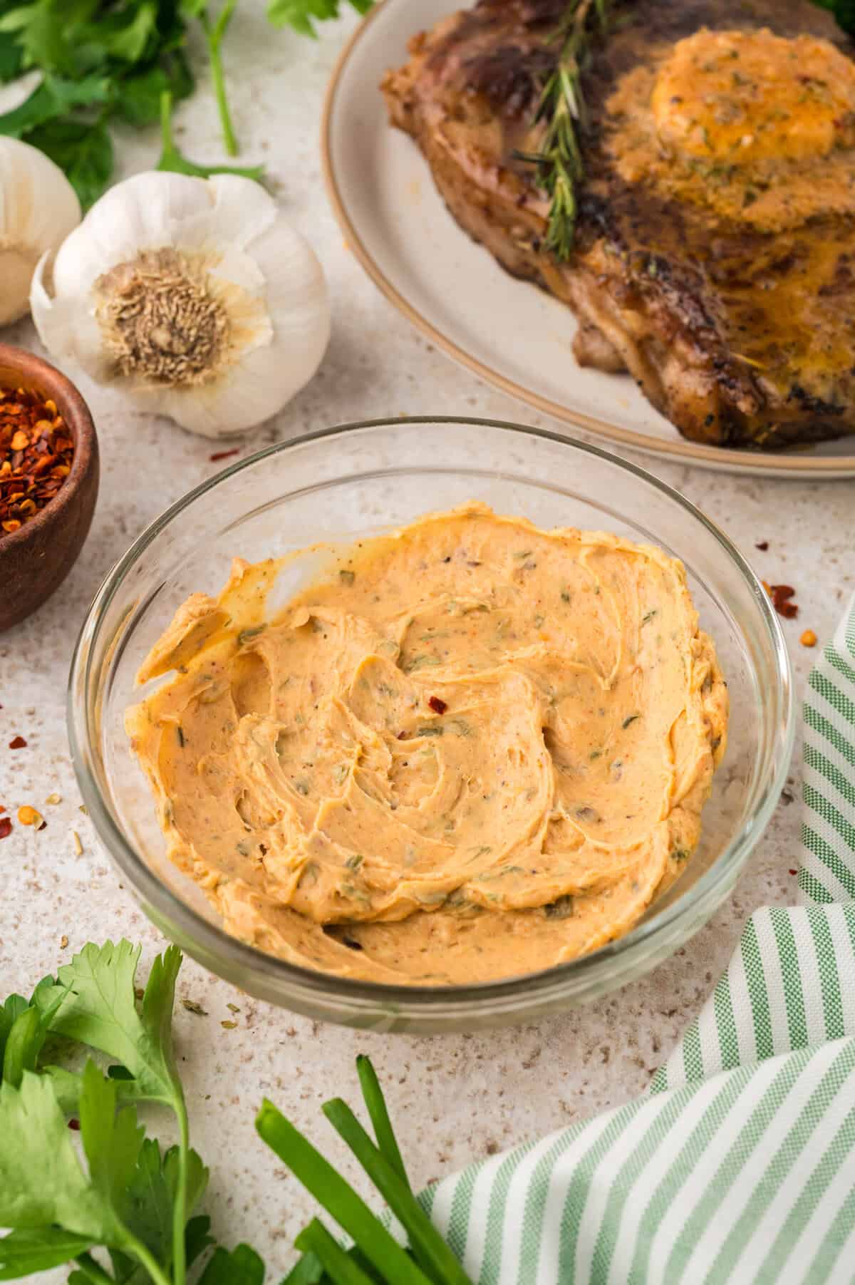 Cowboy butter in glass bowl.