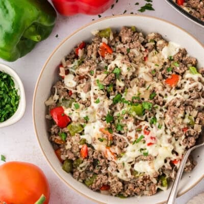 Keto stuffed pepper skillet in white skillet.