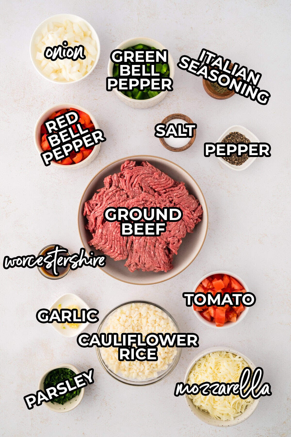 Ingredients for keto stuffed pepper skillet recipe.