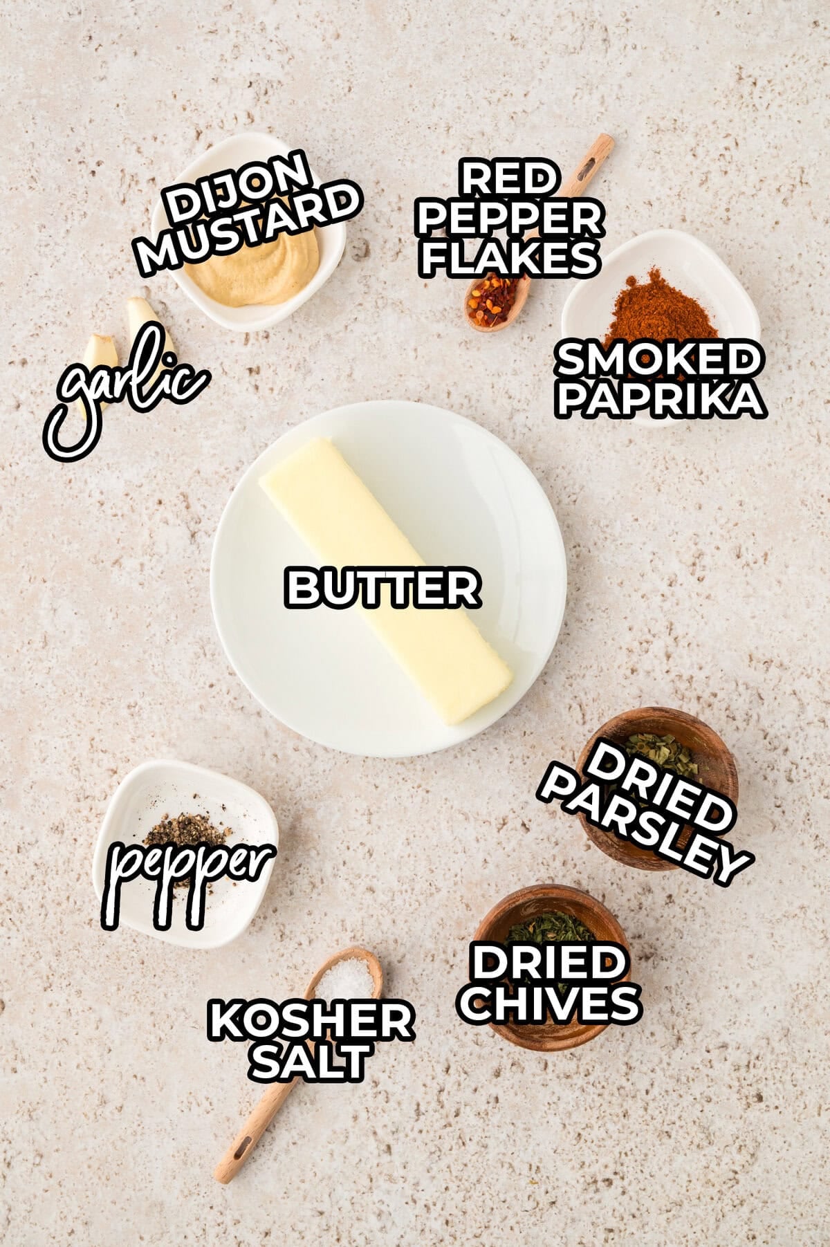 Ingredients for cowboy butter laid out on counter.