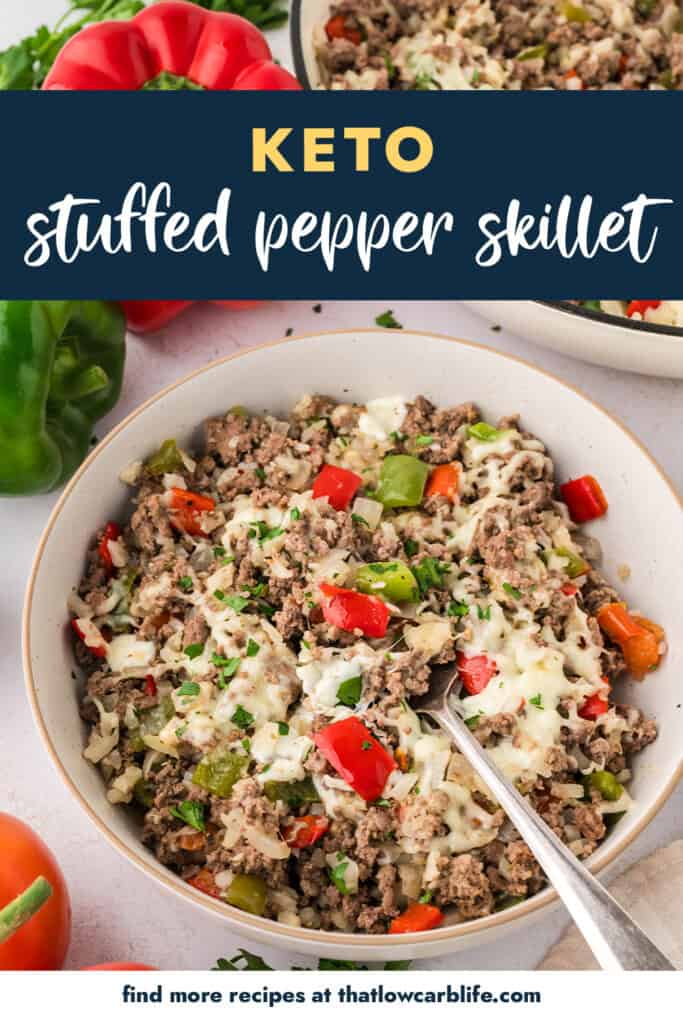 Bowl full of stuffed pepper skillet with text for Pinterest.