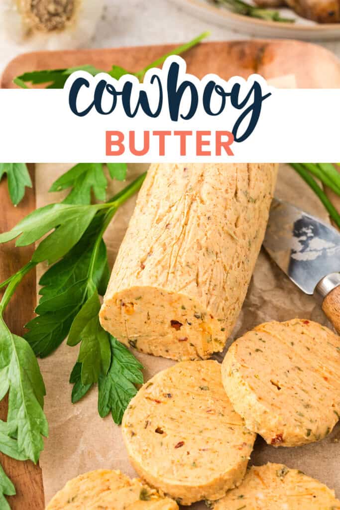 Log of cowboy compound butter on board.