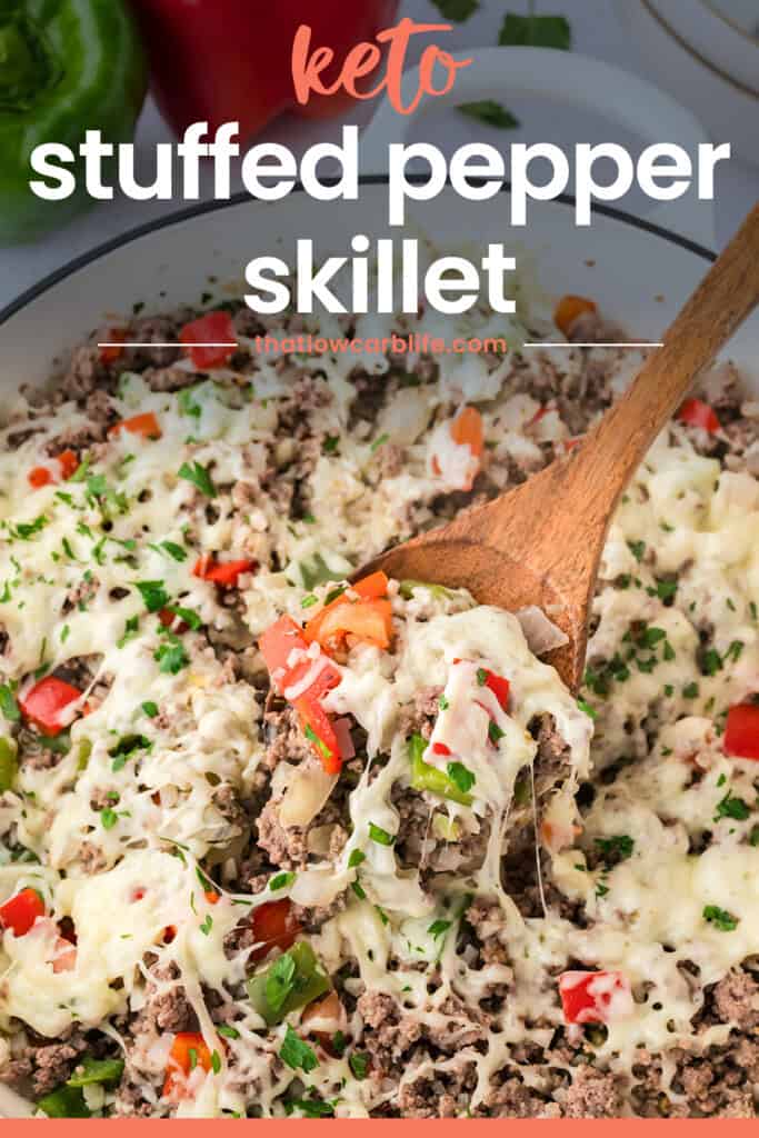 Keto stuffed pepper skillet recipe on wooden spoon.