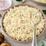 Bowl full of cauliflower rice pilaf recipe.