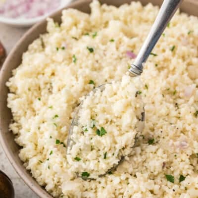 Bowl full of cauliflower rice pilaf.