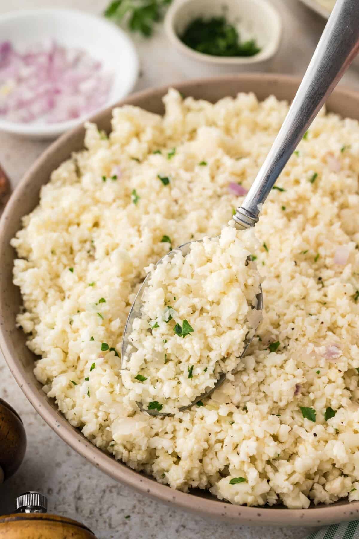 Bowl full of cauliflower rice pilaf.