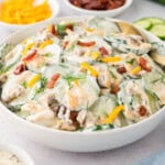 White dish full of cucumber ranch crack salad.