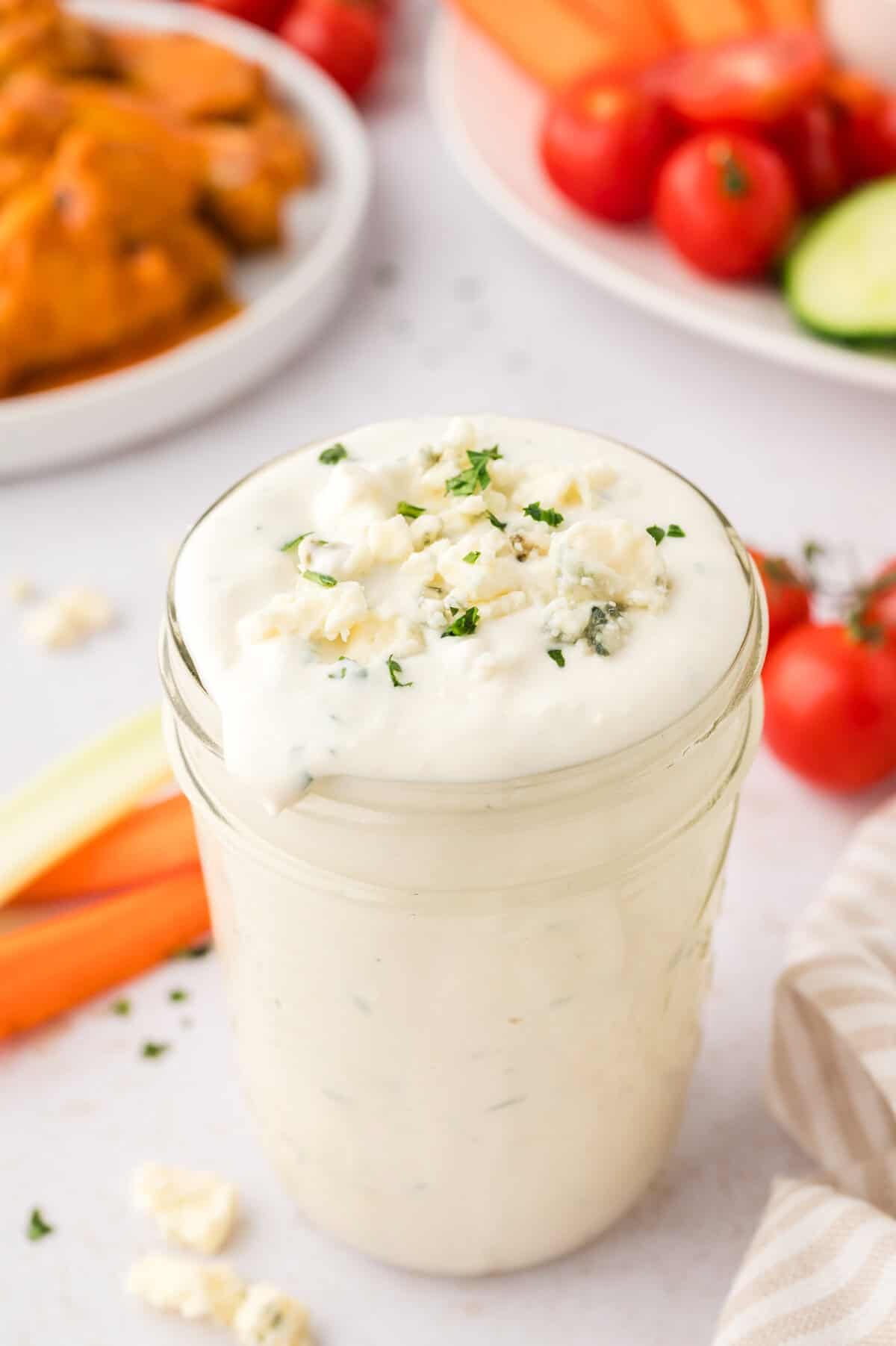Keto blue cheese dressing in mason jar.