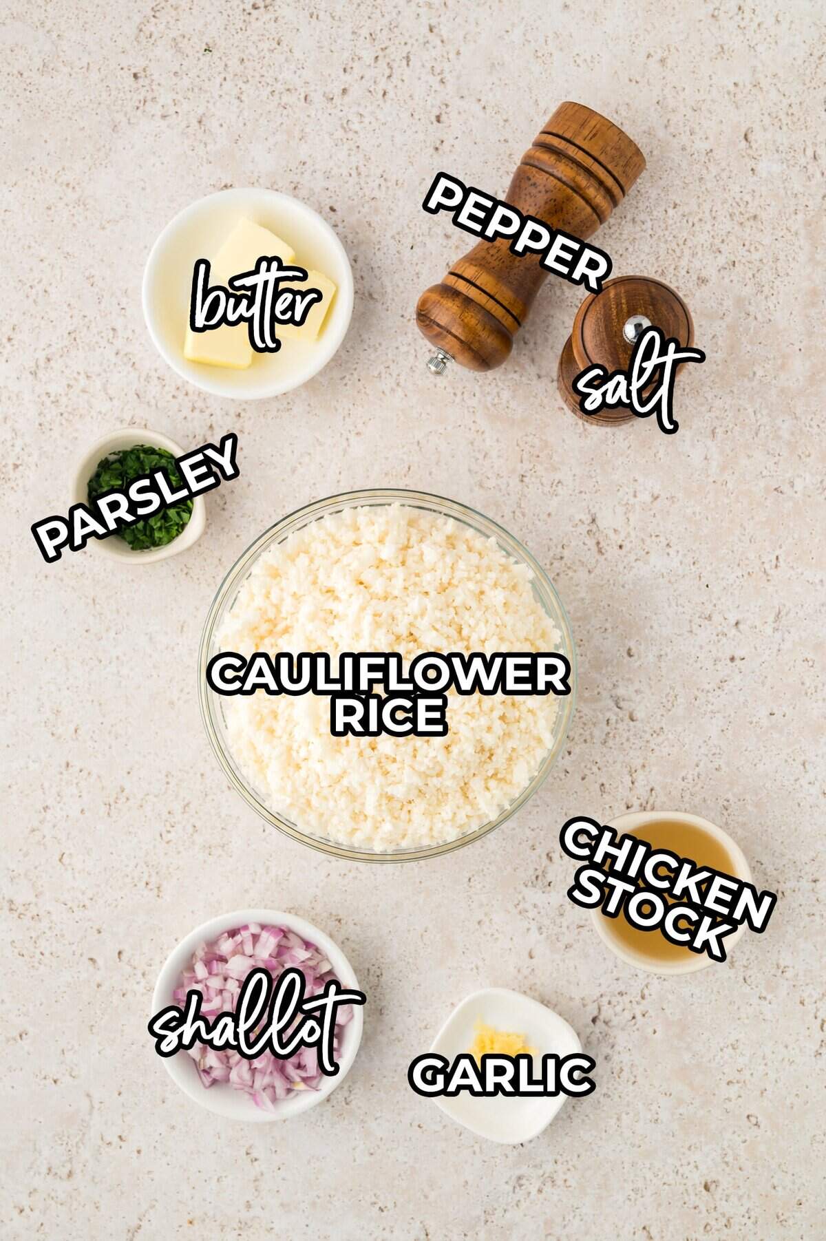 Ingredients for cauliflower rice pilaf on countertop.