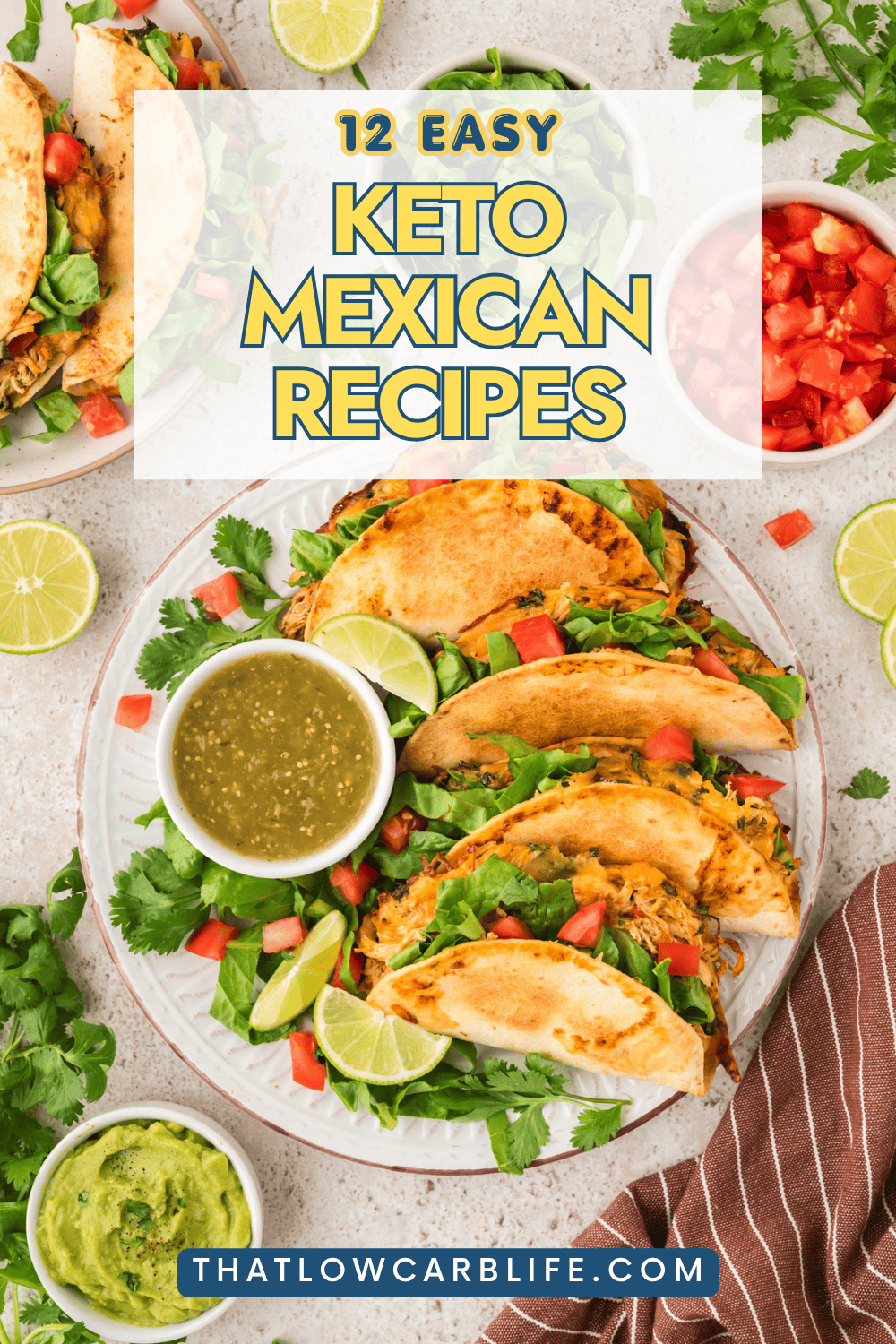 Keto chicken tacos on plate with graphic.
