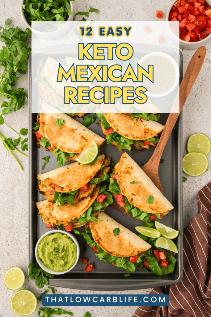 Keto chicken tacos on sheet pan with text graphic.