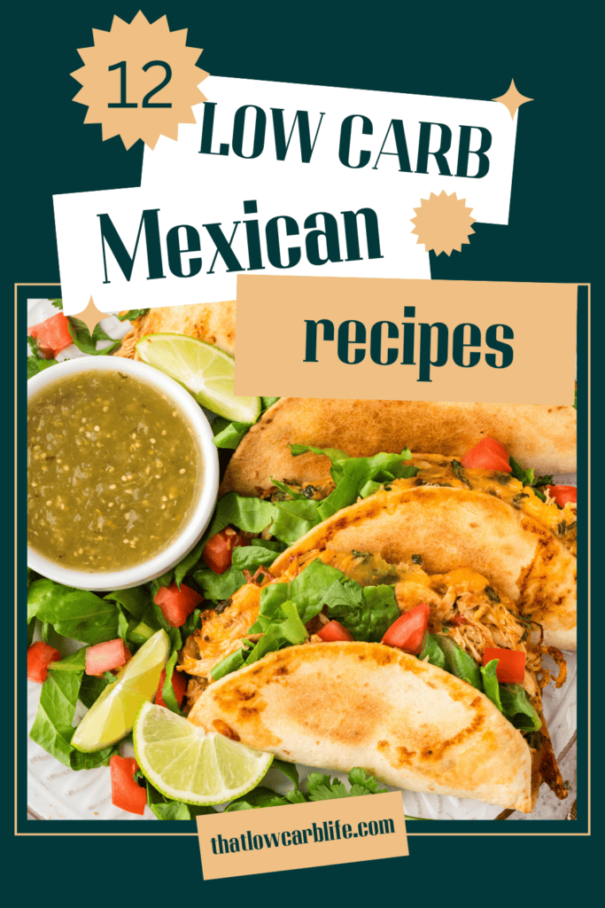 Graphic featuring low carb chicken tacos image and text.