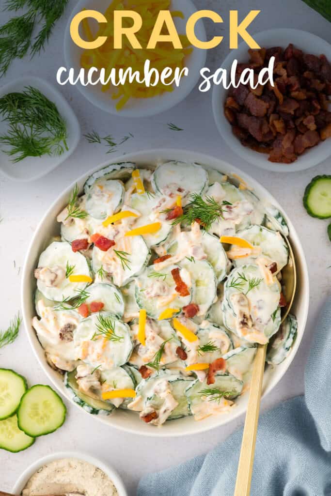 White dish filled with crack cucumber salad.