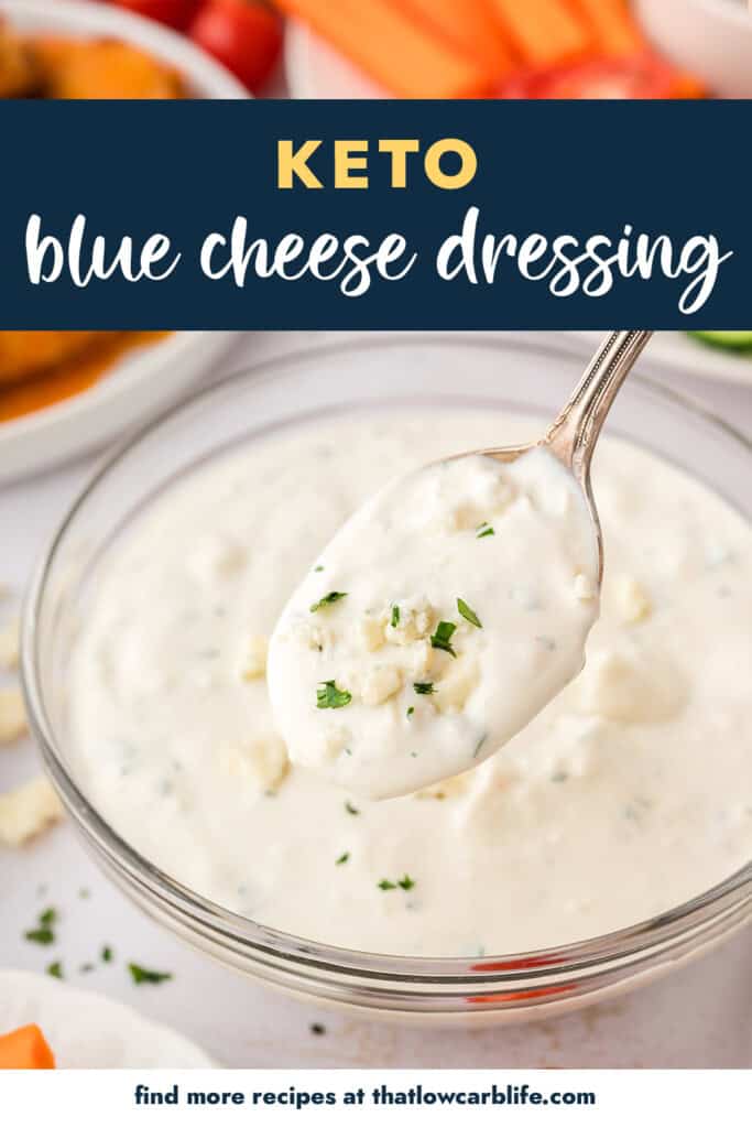 Keto blue cheese dressing on spoon.
