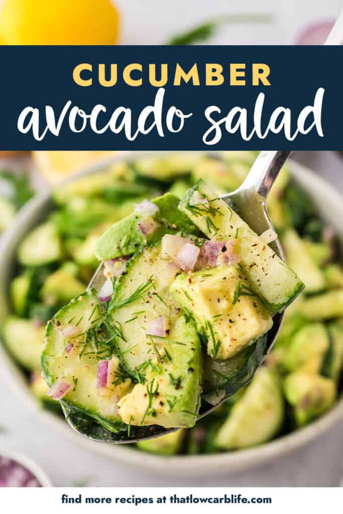 Low carb cucumber avocado salad recipe in bowl.