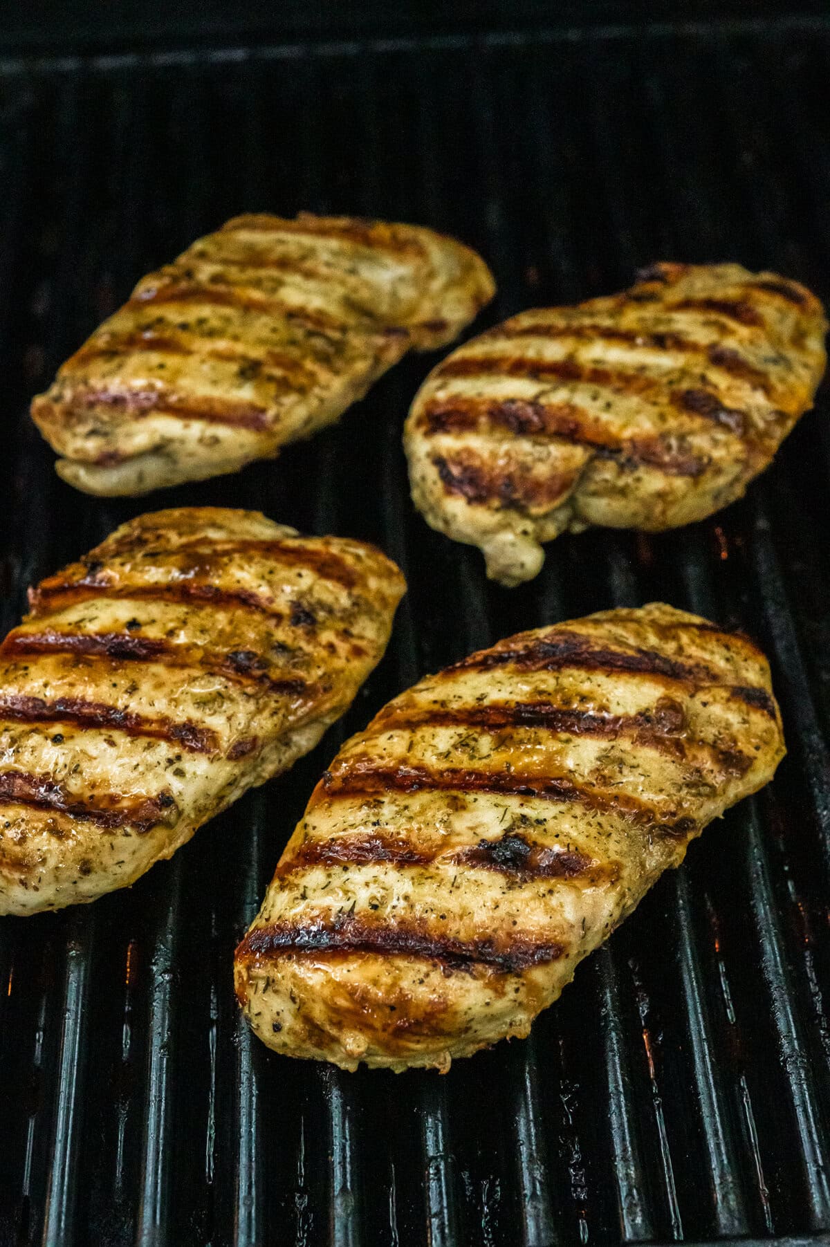 Chicken breasts on grill.