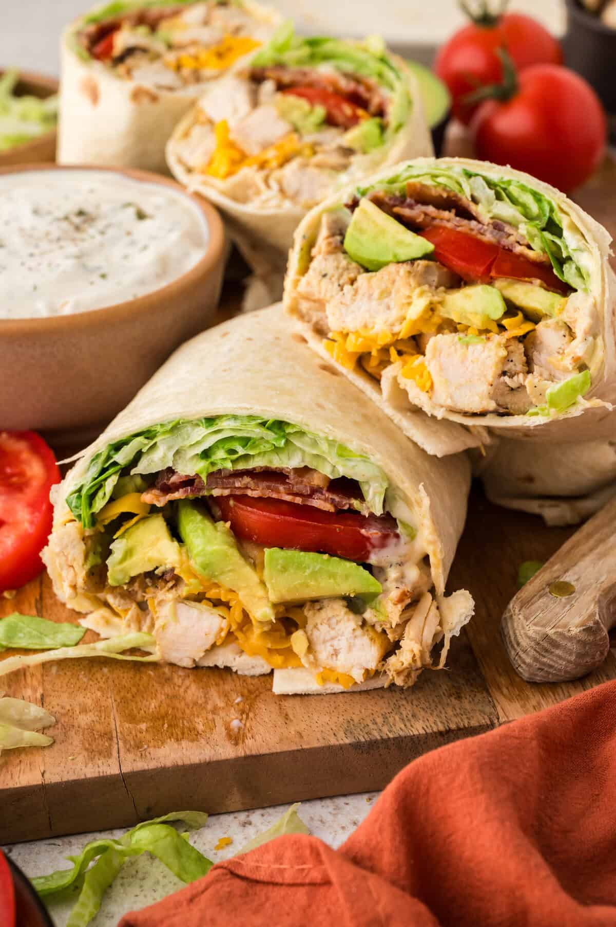Chicken club wrap in low carb tortilla.