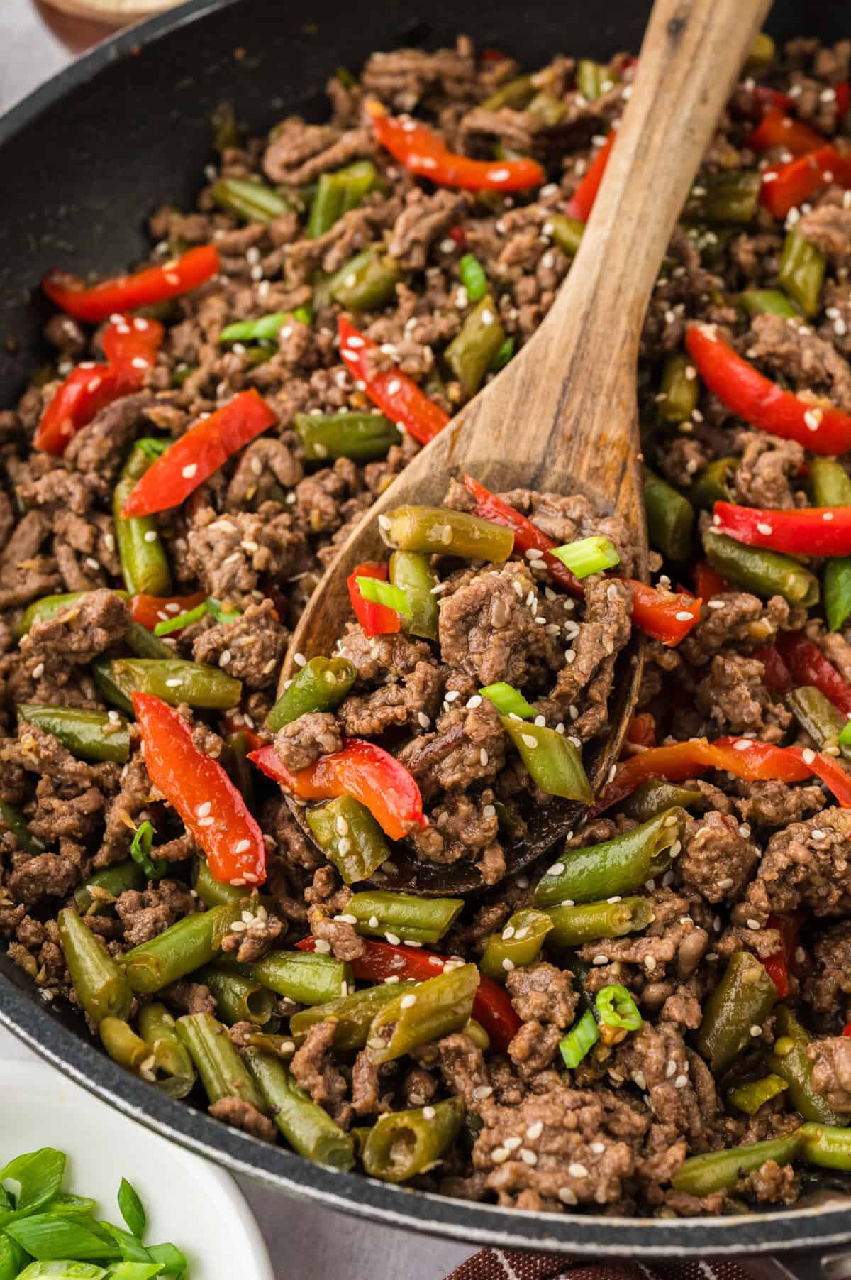 Skillet full of low carb ground beef stir fry.