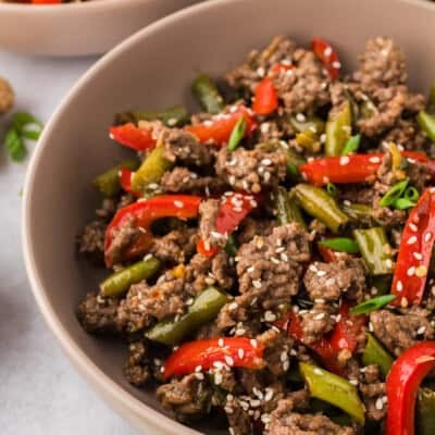 Bowl full of keto ground beef stir fry recipe.