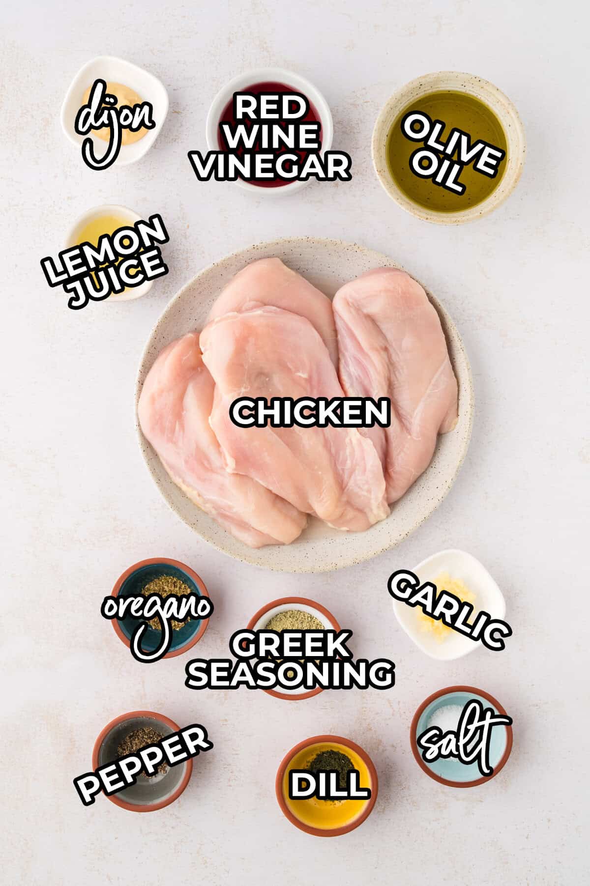 Ingredients for Greek grilled chicken marinade recipe.