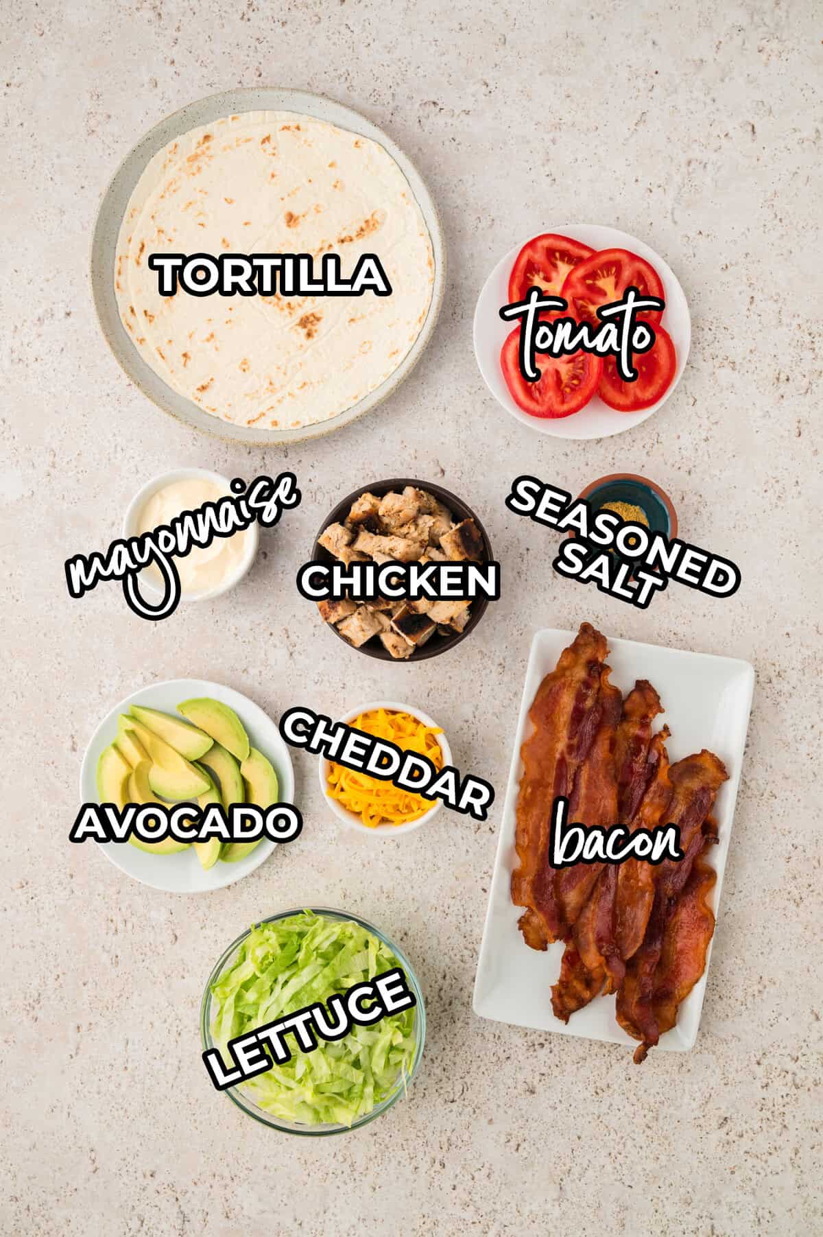 Ingredients for keto chicken club wrap recipe.