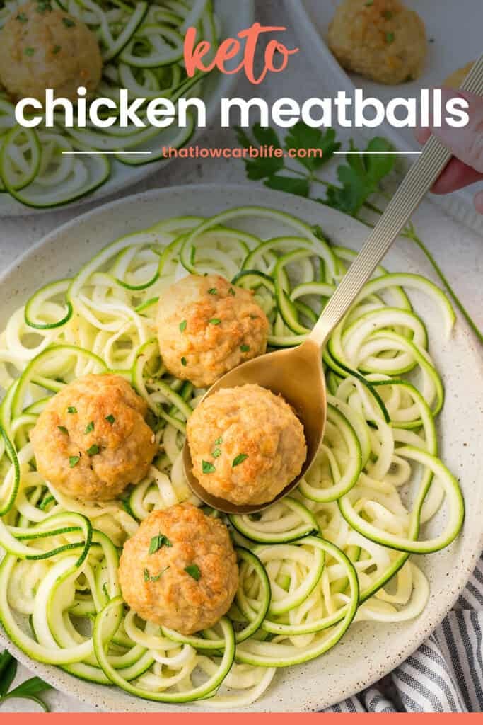 Keto chicken meatballs on zucchini noodles.